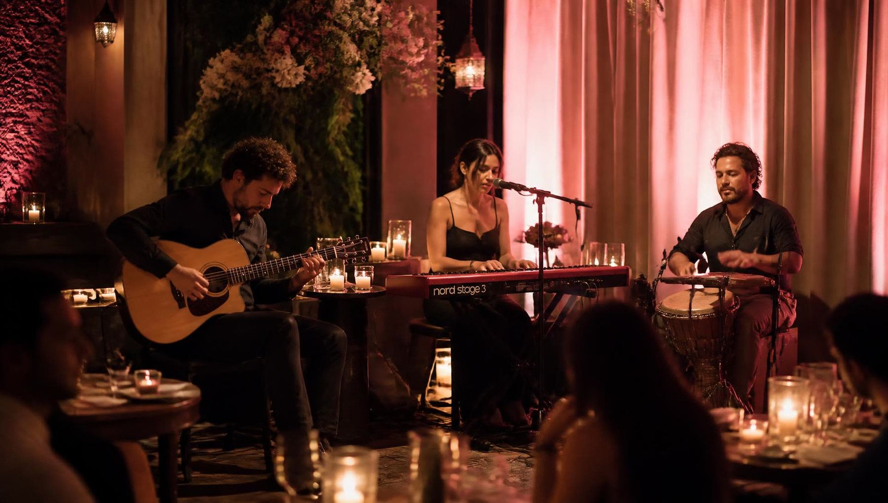 Musicians playing an acoustic jamming session by candlelight